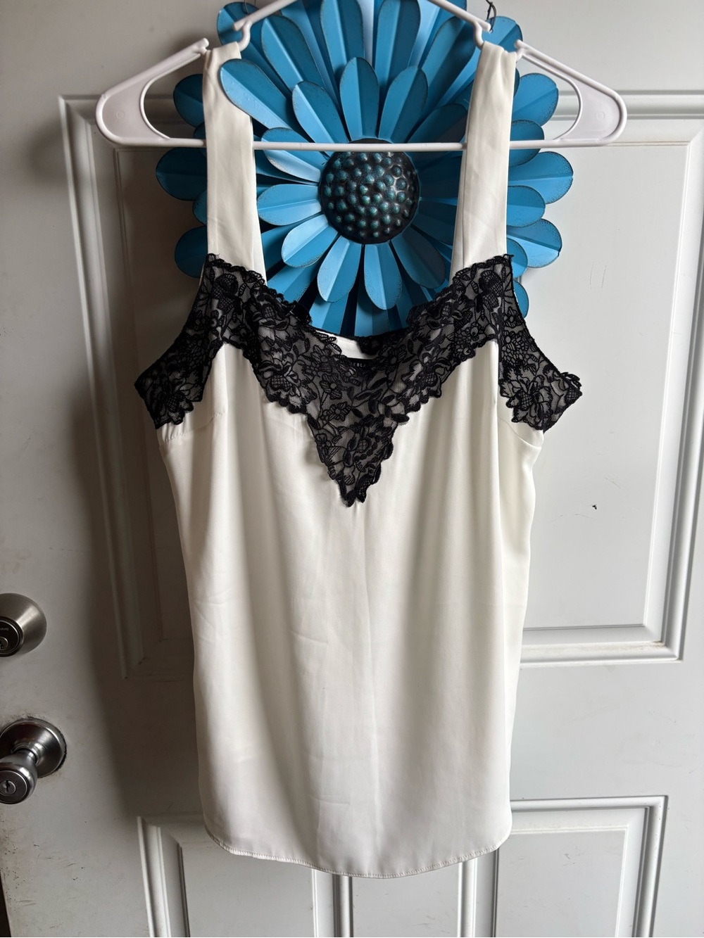 White House Black Market Ivory Camisole with Black Lace V-Neck